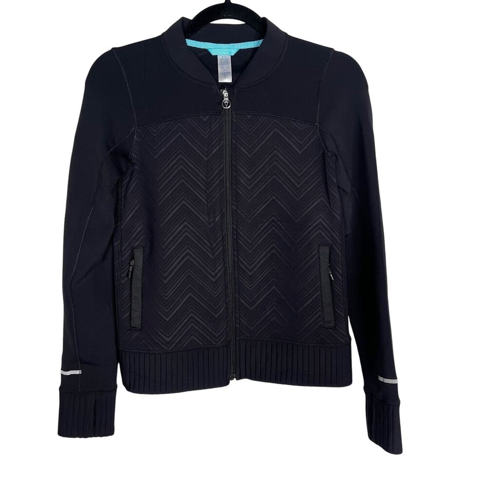 Ivivva Lululemon Girls 12 Black Chevron Scuba Bomber Jacket Neoprene Full Zip